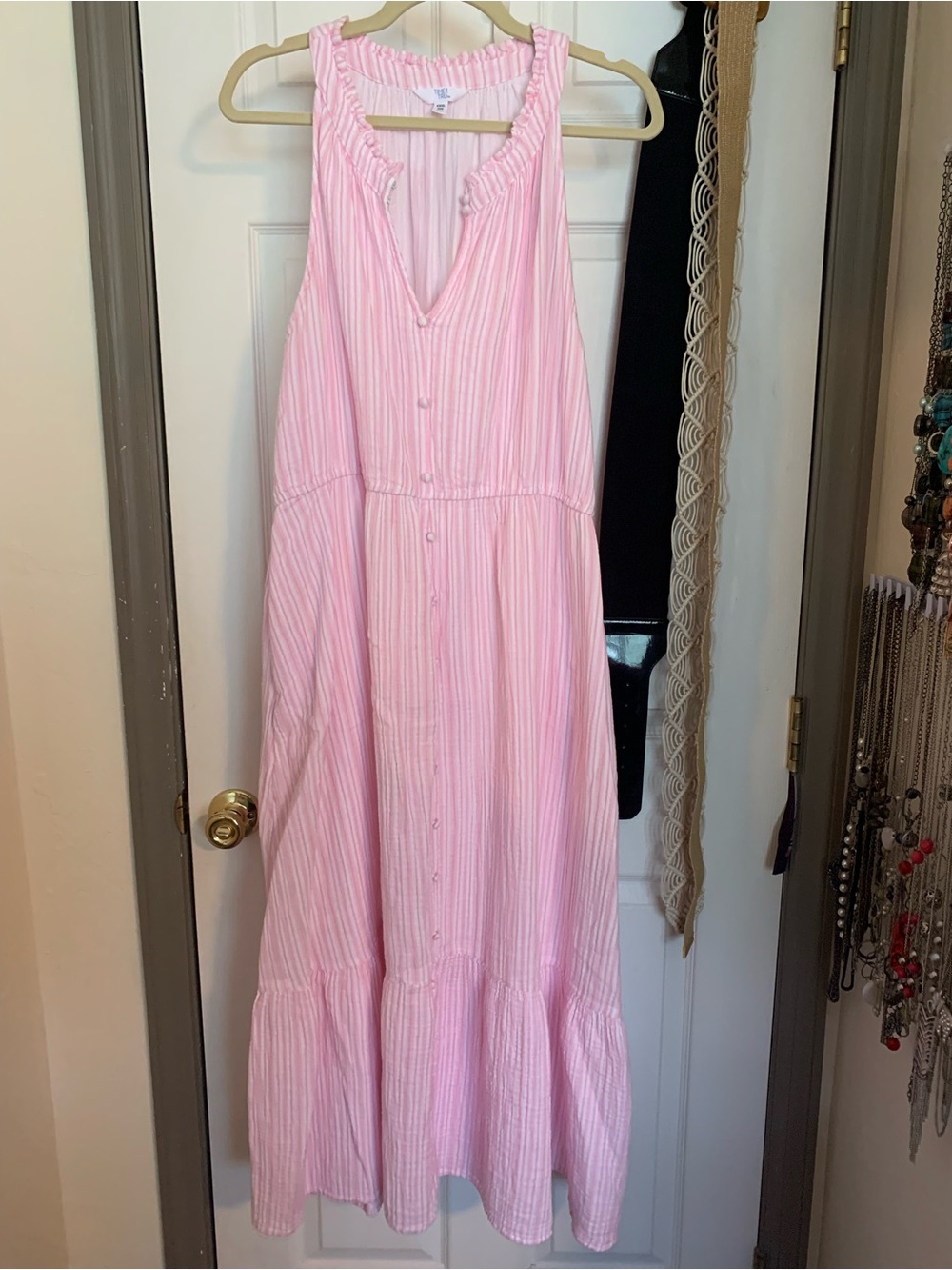 Time and Tru Pink and White Striped Ruffle-Neck Maxi Dress